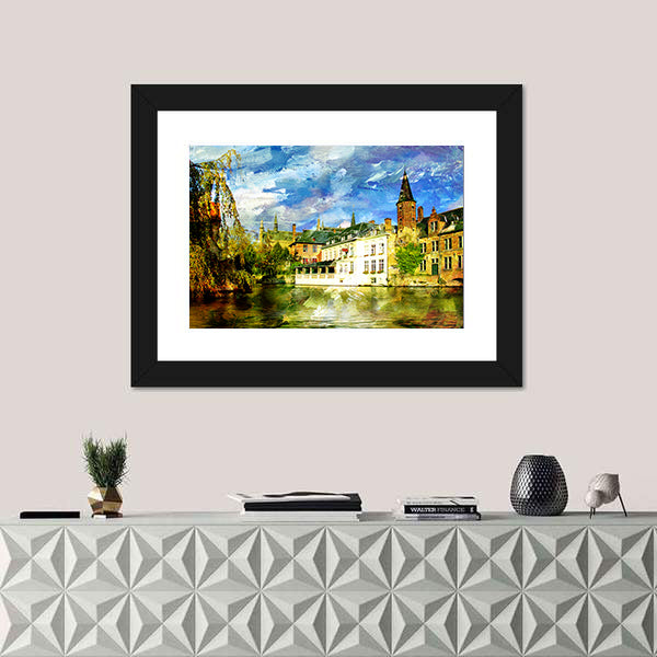 Belgian Canal in a Small Town Canvas Wall Art