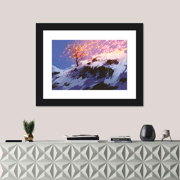 Lone Tree with Glowing Sparks at Twilight Canvas Wall Art