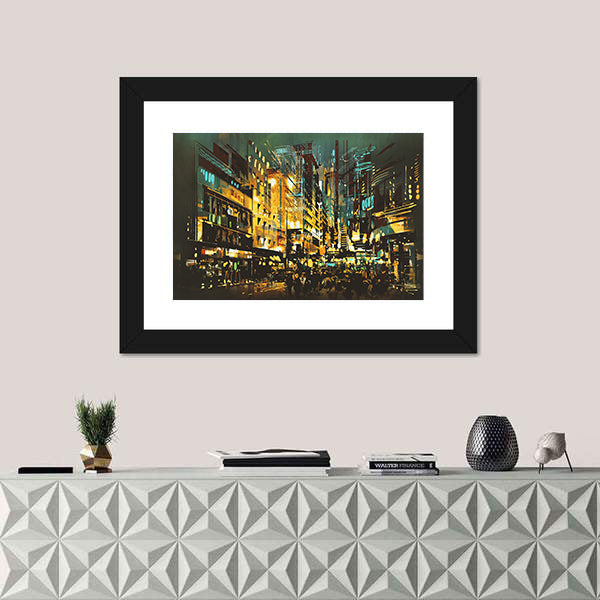 Abstract Night Cityscape with Golden Lights Canvas Wall Art