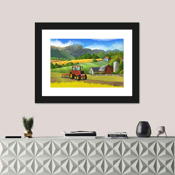 Red Tractor on Sunny Farm Landscape Canvas Wall Art
