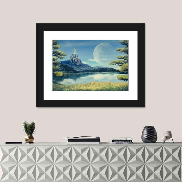 Gothic Castle by Moonlit Lake Canvas Wall Art
