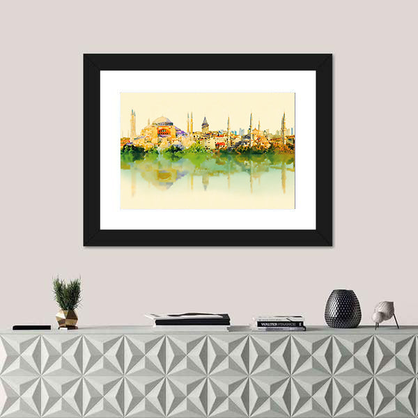 Istanbul Watercolor Skyline with Hagia Sophia Reflection Canvas Wall Art