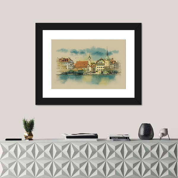 Sketch Of Lucerne Town In Switzerland Canvas Wall Art