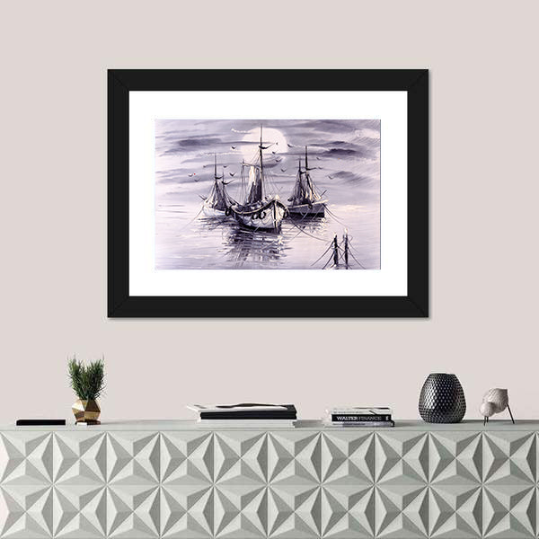 Moonlit Sailing Ships with Purple Reflections Canvas Wall Art