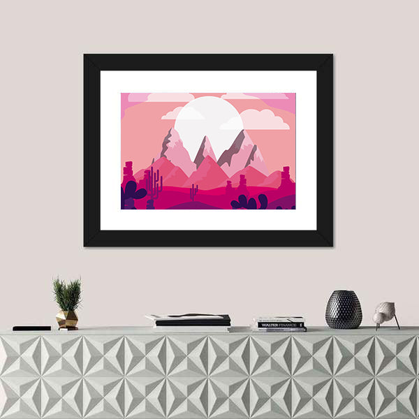 Desert Sunset Mountain Illustration Canvas Wall Art