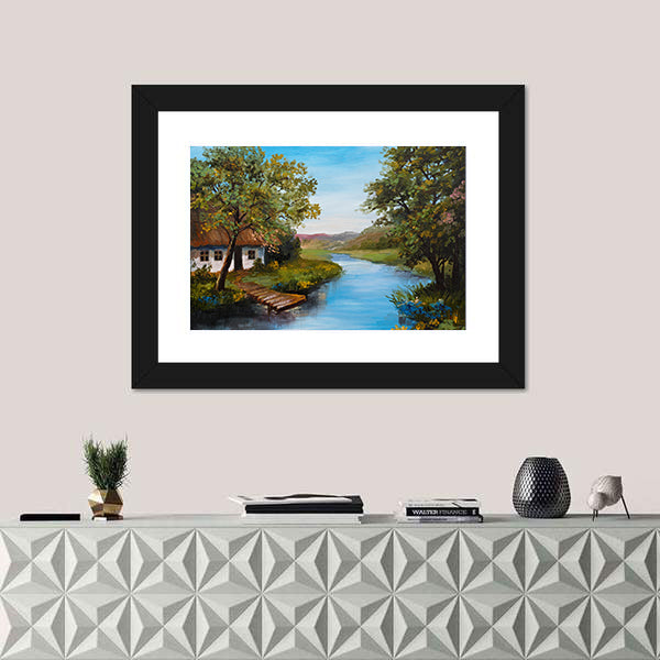Thatched Cottage by the River Canvas Wall Art