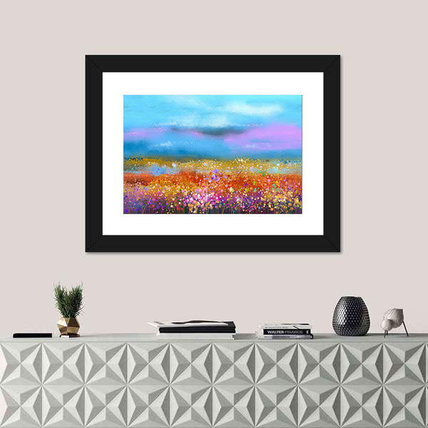 Watercolor Spring Meadow with Golden Horizon Canvas Wall Art
