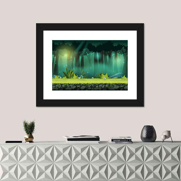 Magical Mist Forest with Fireflies Canvas Wall Art
