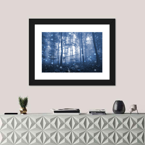 Blue Fog Forest with Glowing Orbs Canvas Wall Art