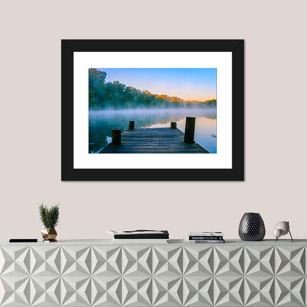 Wooden Dock at Misty Forest Lake Canvas Wall Art