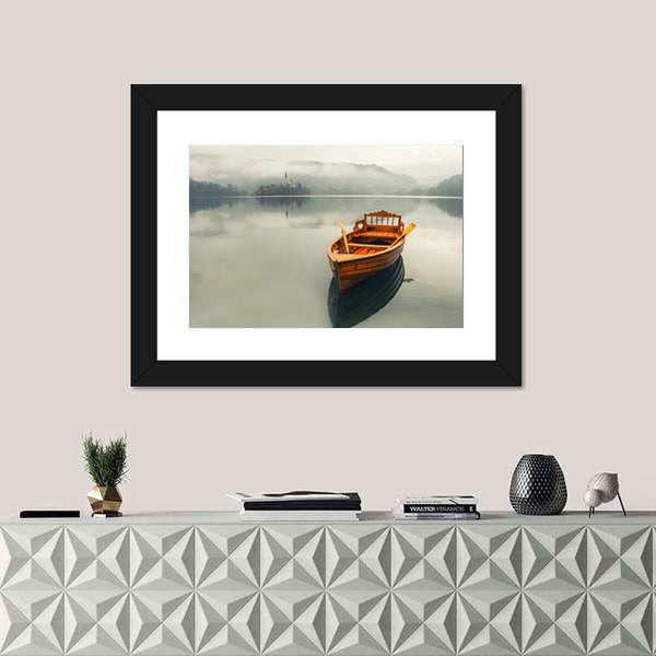 Rowboat on Foggy Lake with Island Church Canvas Wall Art