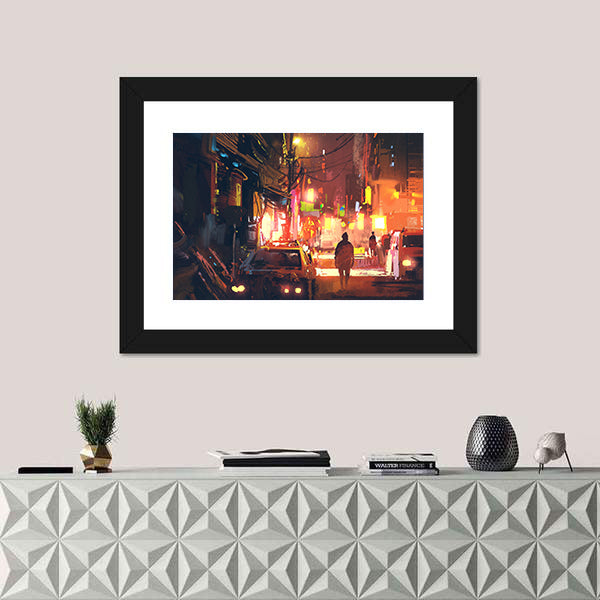 Rain-soaked Old Street in Futuristic City Canvas Wall Art