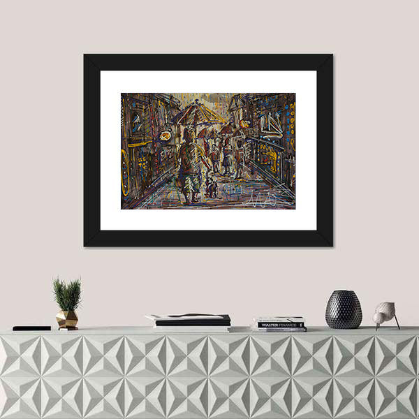 Rainy City Street with Umbrella Canvas Wall Art