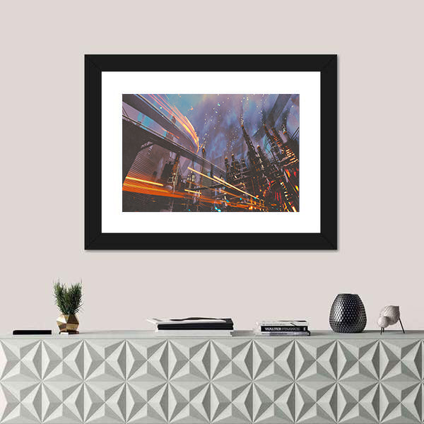 Futuristic Industrial Cityscape at Night Canvas Wall Art