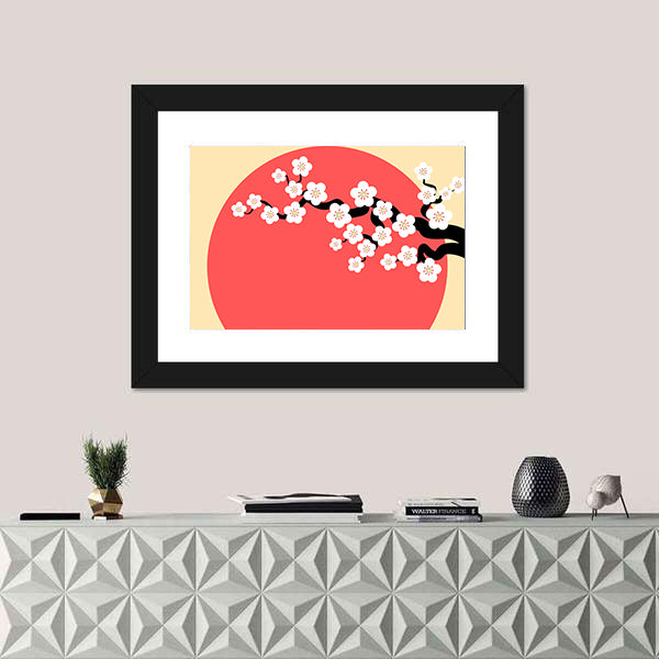 Minimalist Cherry Blossom with Red Sun Canvas Wall Art