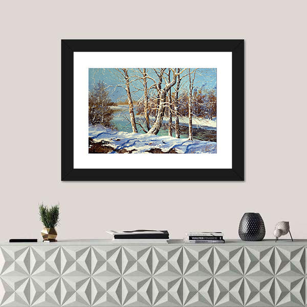 Winter River with Snowy Bank Canvas Wall Art