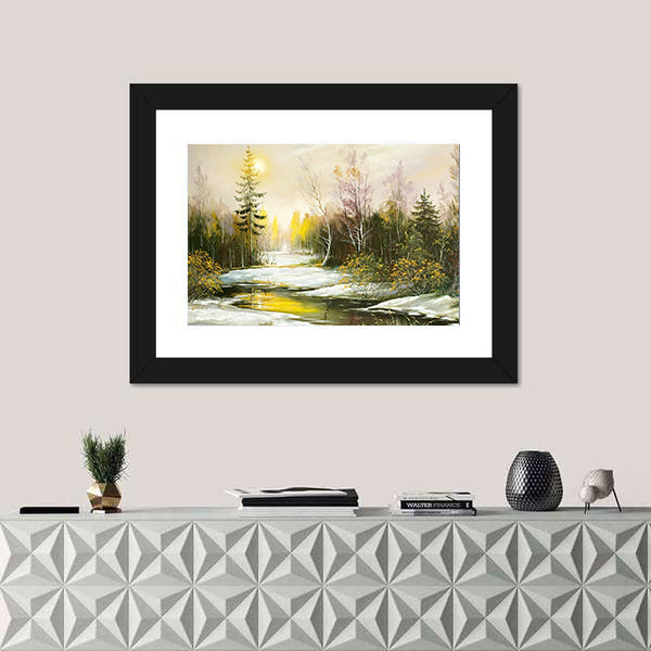 Winter Riverbank with Golden Light Canvas Wall Art