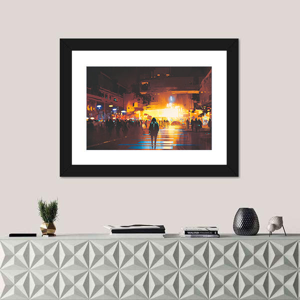 Lone Hooded Figure in Neon City Canvas Wall Art