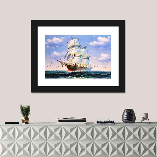 Three-masted Sailing Ship at Sea Canvas Wall Art