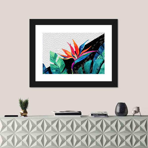 Tropical Minimalist Bird of Paradise and Monstera Canvas Wall Art