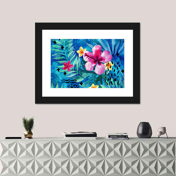 Tropical Hibiscus and Palm Leaf Pattern Canvas Wall Art