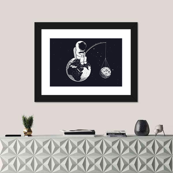 Little Astronaut Sitting on Earth Canvas Wall Art