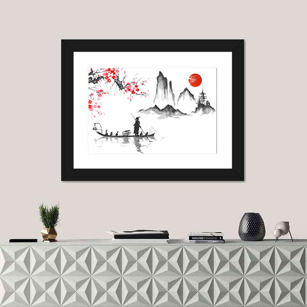Japanese Ink Wash Fisherman at Sunrise Canvas Wall Art