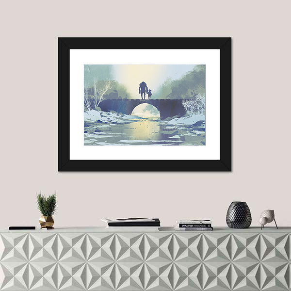 Robot and Child on Snowy Bridge Canvas Wall Art