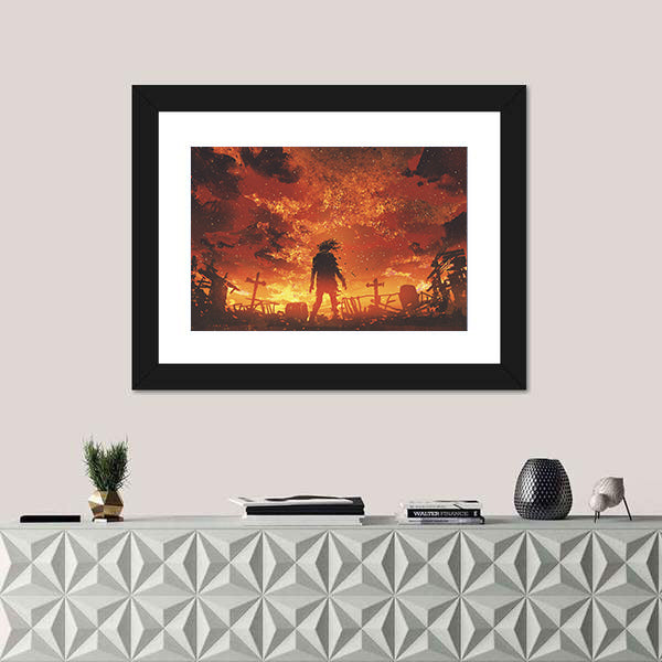 Zombie Silhouette in Burnt Cemetery Canvas Wall Art