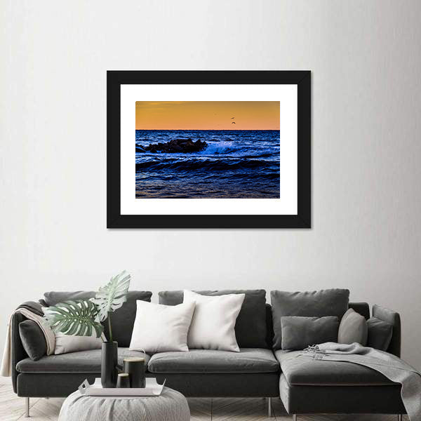 Blue Ocean Waves at Sunset Canvas Wall Art