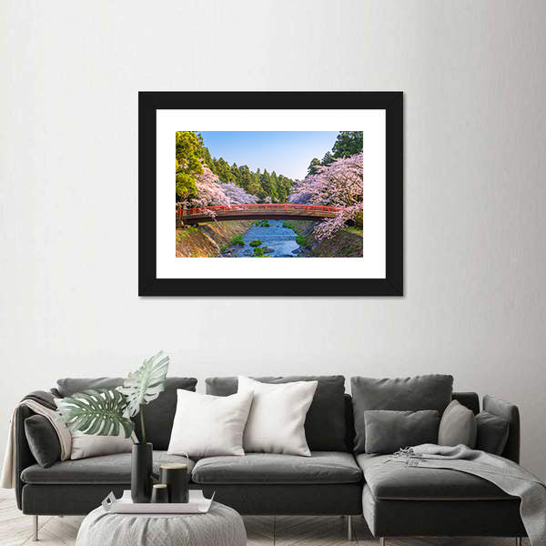 Cherry Blossoms Over Red Arched Bridge Canvas Wall Art