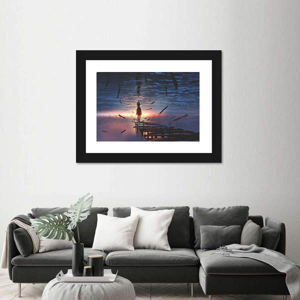 Hooded Figure on Broken Bridge Canvas Wall Art