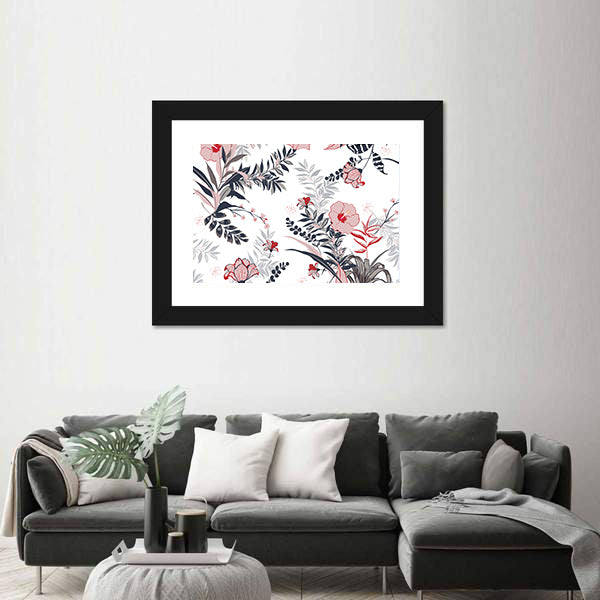 Hibiscus and Tropical Leaves Pattern Canvas Wall Art