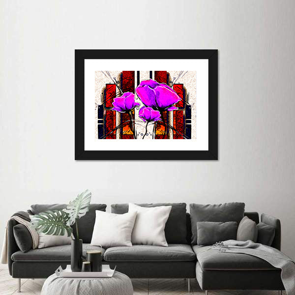 Oil Painted Purple Poppies with Geometric Background Canvas Wall Art
