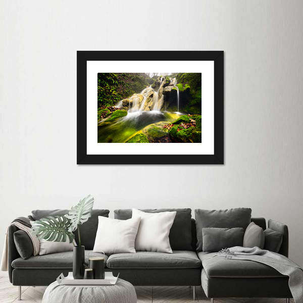 Forest Waterfall with Moss-covered Rocks Canvas Wall Art
