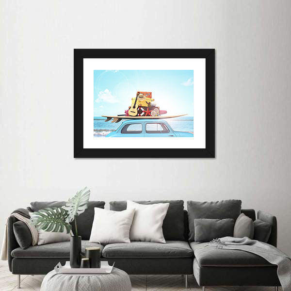 Vintage Beach Car with Surfboard Canvas Wall Art