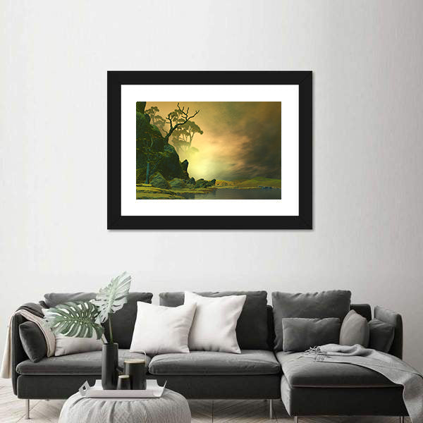Misty Mountain Lake with Twisted Tree Canvas Wall Art