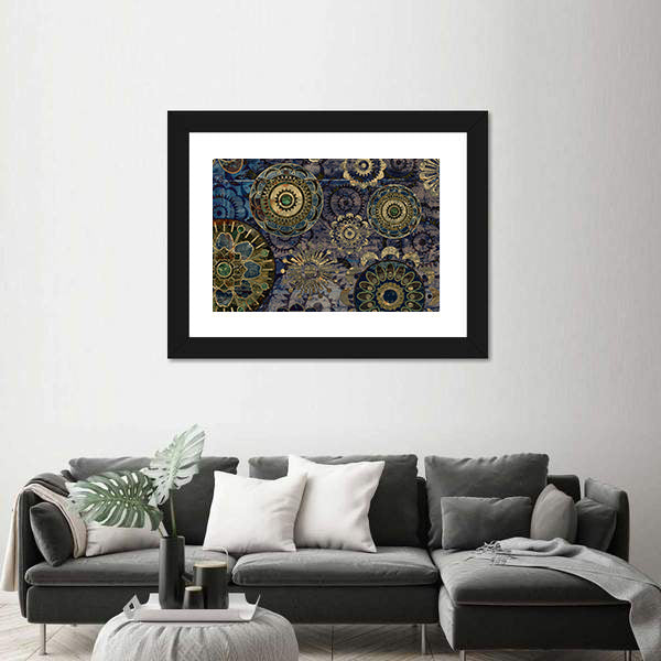 Vintage Floral Mandala Abstract in Navy and Gold Canvas Wall Art