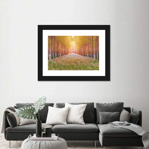 Sunlit Forest Path with Wildflowers Canvas Wall Art