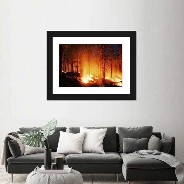Glowing Forest Fire At Night Canvas Wall Art