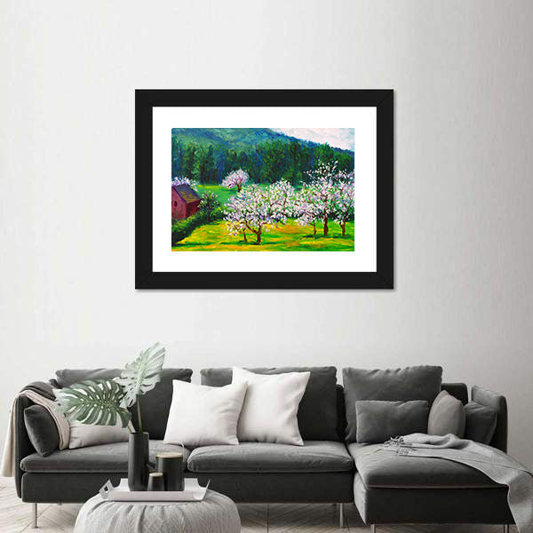 Plum Blossom Orchard with Red Barn Canvas Wall Art