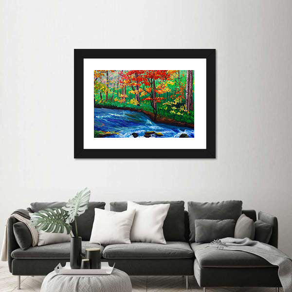 Autumn Maple by Flowing Stream Canvas Wall Art