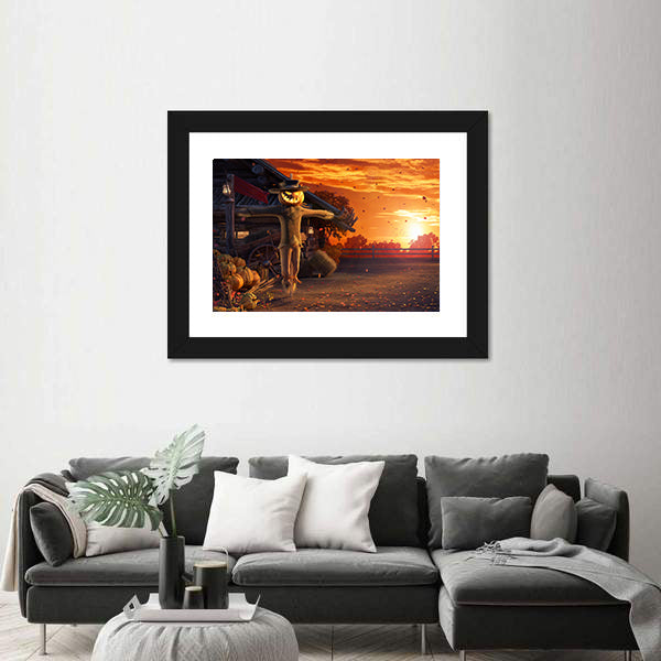 Pumpkin Scarecrow at Autumn Sunset Canvas Wall Art