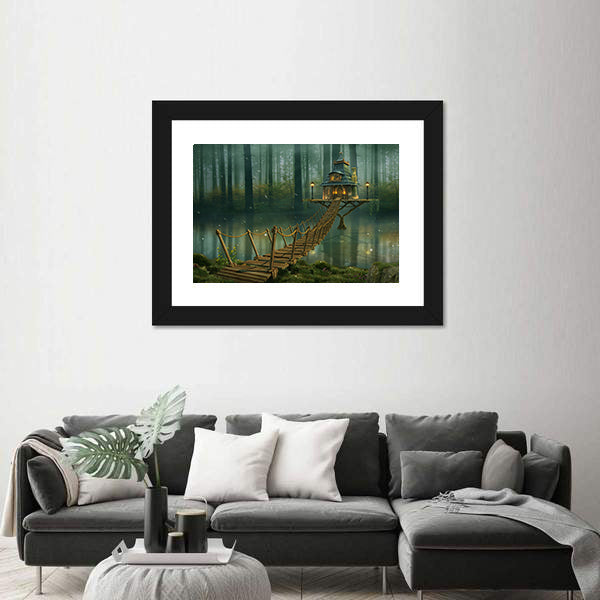 Fairy House on Tree Trunk with Rope Bridge Canvas Wall Art
