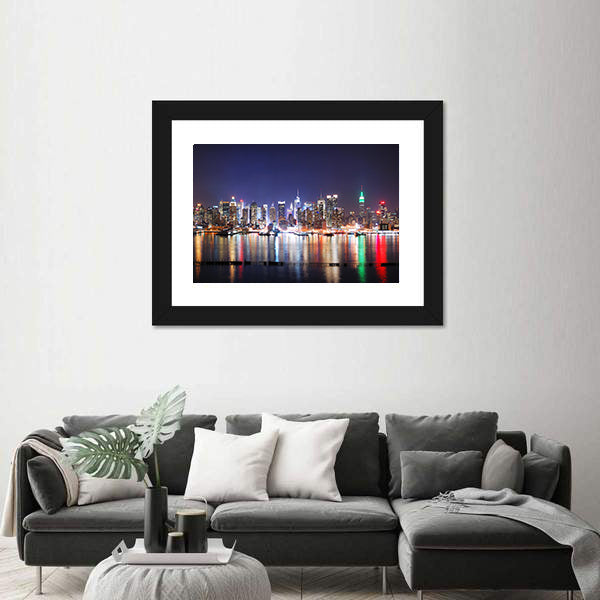 Times Square Reflections Over Hudson River Canvas Wall Art