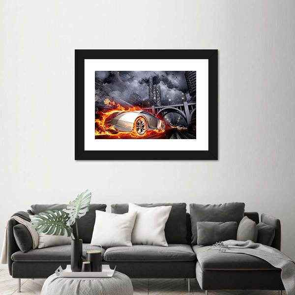 Flaming Sports Car at Night Canvas Wall Art
