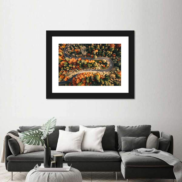 Winding Mountain Road Through Forest In Autumn Canvas Wall Art
