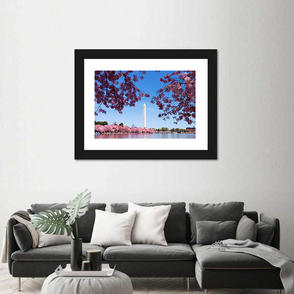 Cherry Blossom And Washington Monument Over Lake Canvas Wall Art