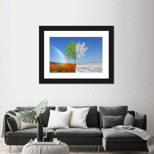 Split-season Tree with Poppies and Snow Canvas Wall Art