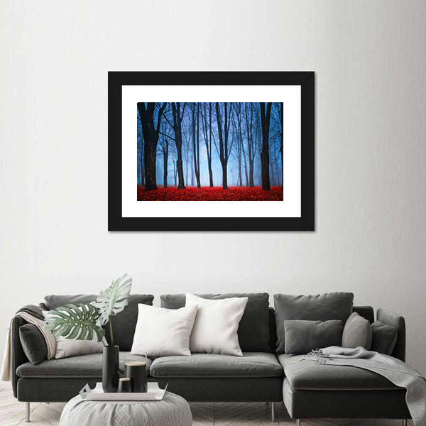 Foggy Autumn Forest with Red Leaves Canvas Wall Art